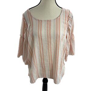 Seven7 Womens M Peach White Striped Ruffle Sleeve Boho Casual Blouse Top